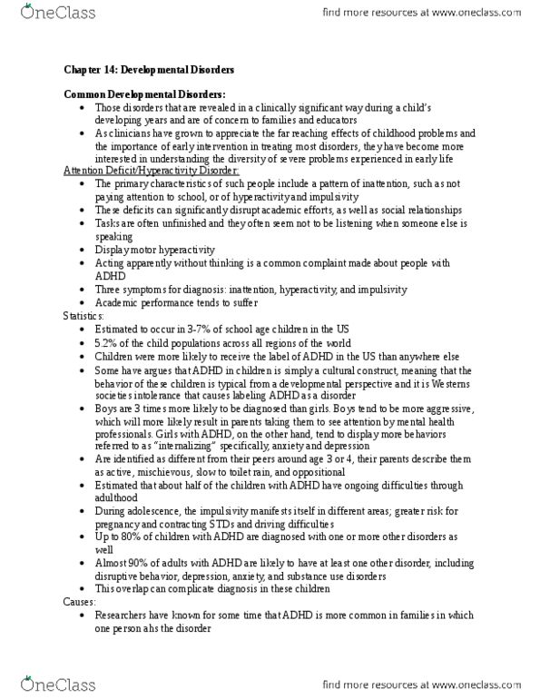 PSY 240 Chapter Notes - Chapter 14: Pervasive Developmental Disorder, Childhood Disintegrative Disorder, Autism thumbnail