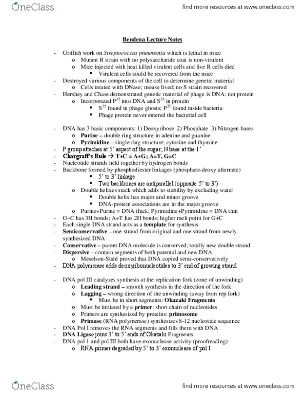 BIOL 205 Lecture Notes - Dna Polymerase Iii Holoenzyme, Dna Polymerase I, Nucleic Acid Sequence thumbnail