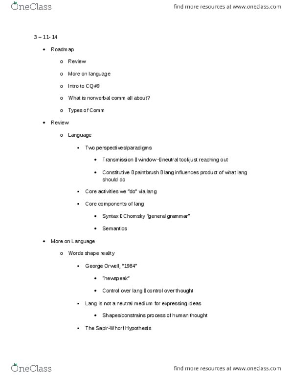 04:189:101 Lecture Notes - Lecture 10: George Orwell, Linguistic Determinism, Linguistic Relativity thumbnail