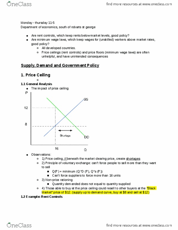 ECO101H1 Lecture Notes - Price Ceiling, Price Floor, Market Clearing thumbnail