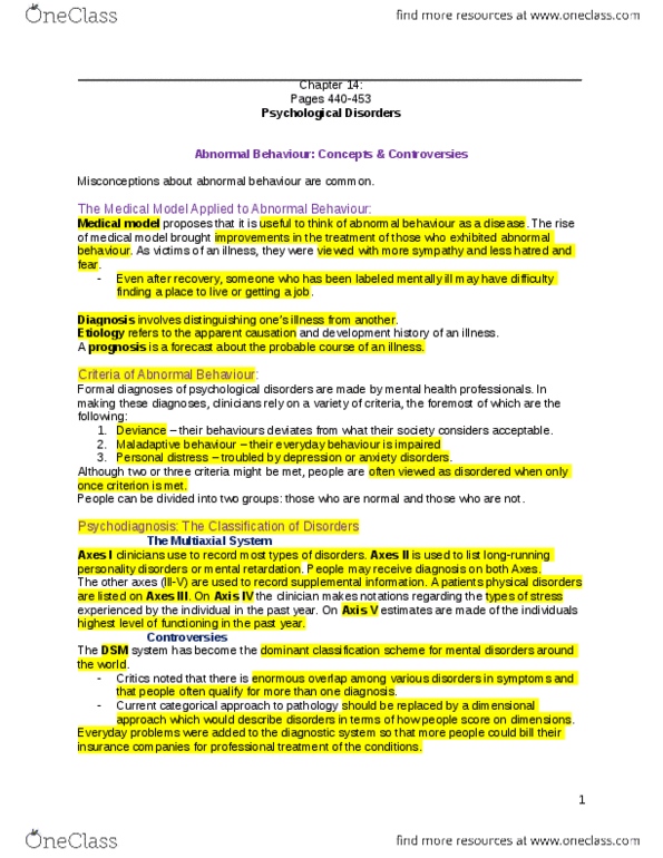 Psychology 2035A/B Chapter Notes - Chapter 14: Generalized Anxiety Disorder, Panic Disorder, Phobia thumbnail