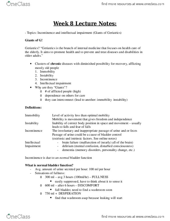 Health Sciences 2711A/B Lecture Notes - Geriatrics, Dementia thumbnail