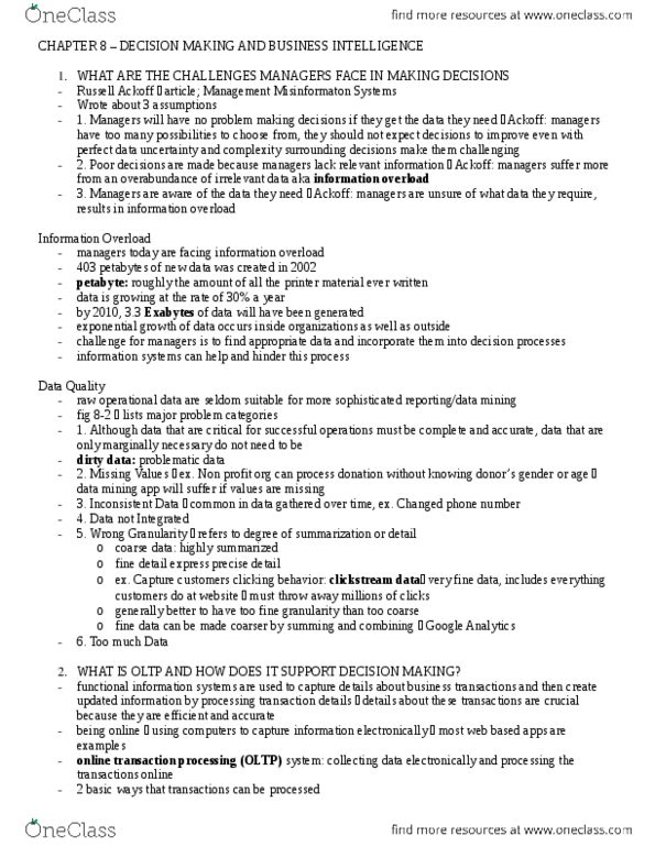 Computer Science 1032A/B Chapter Notes - Chapter 8: Olap Cube, Russell L. Ackoff, Online Analytical Processing thumbnail