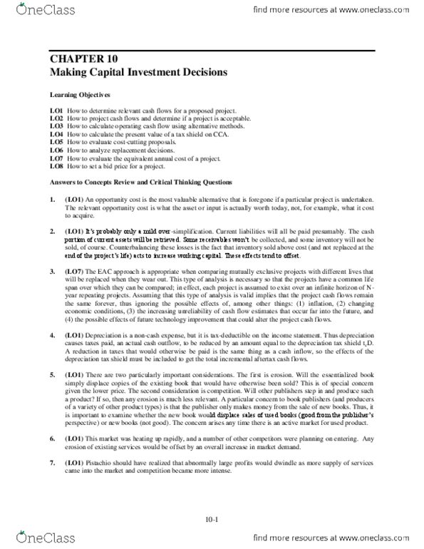 FIN 300 Chapter Notes - Chapter 10: Operating Cash Flow, Tax Shield, Cash Flow thumbnail