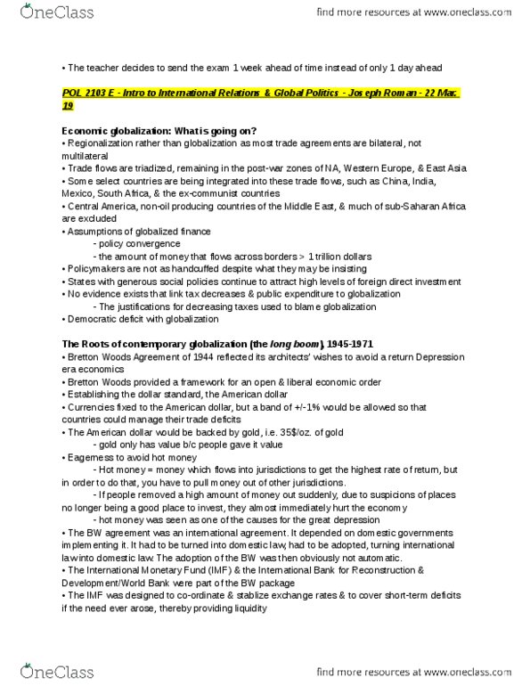 POL 2103 Lecture Notes - Bretton Woods System, United States Dollar, International Trade Organization thumbnail