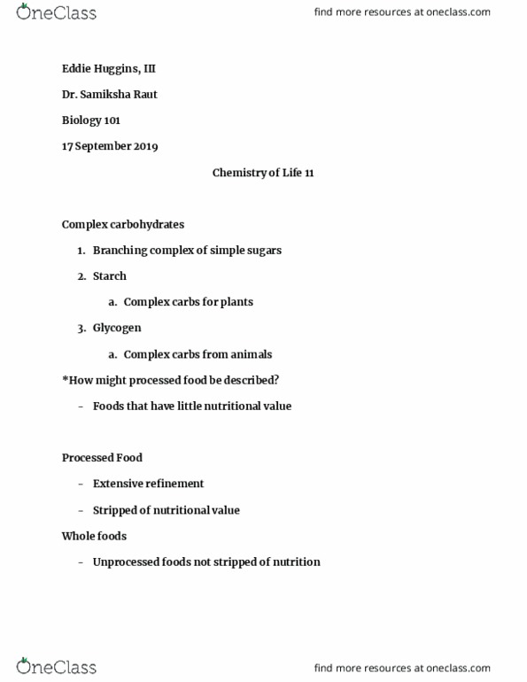 BY 101 Lecture Notes - Lecture 16: Sameksha, Whole Food, Carbohydrate thumbnail