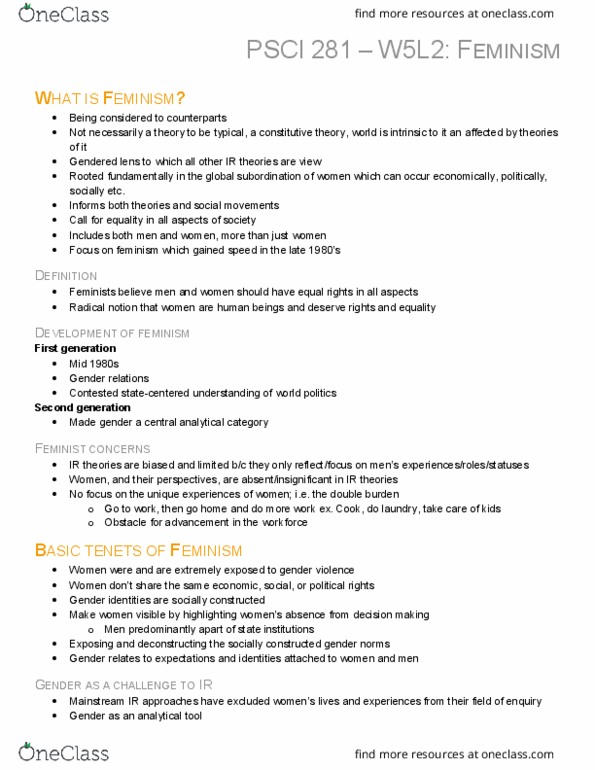 PSCI281 Lecture Notes - Lecture 10: Radical Feminism, Sovereign State, Double Burden thumbnail