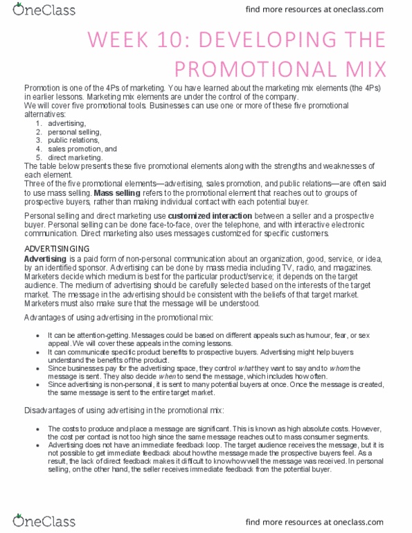 ARBUS302 Lecture Notes - Lecture 11: Promotional Mix, Direct Marketing, Personal Selling thumbnail
