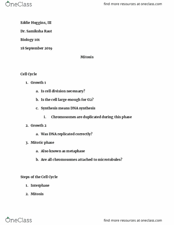 BY 101 Lecture Notes - Lecture 23: Sameksha, Mitosis, Metaphase thumbnail