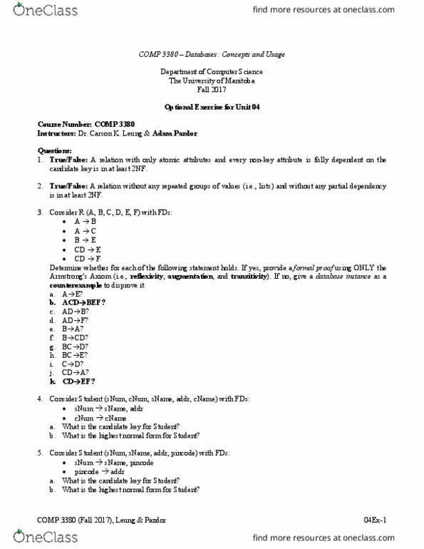 COMP 3380 Lecture Notes - Lecture 4: Candidate Key, Second Normal Form, Superkey thumbnail