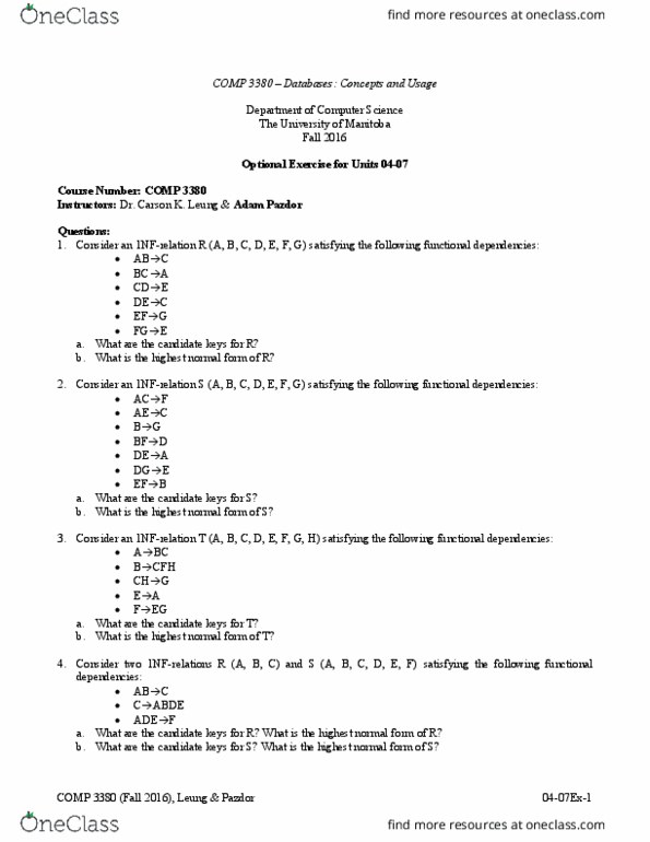 COMP 3380 Lecture Notes - Lecture 7: Candidate Key, First Normal Form, Functional Dependency thumbnail