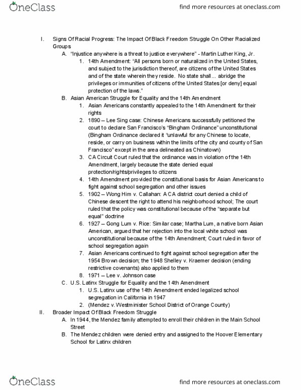 HILD 7A Lecture Notes - Lecture 16: Fourteenth Amendment To The United States Constitution, Hispanic And Latino Americans, Asian Americans thumbnail