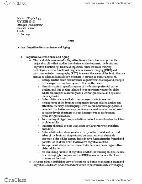 PSY BEH 101D Lecture Notes - Lecture 57: Functional Magnetic Resonance Imaging, Prefrontal Cortex, Aging Brain thumbnail