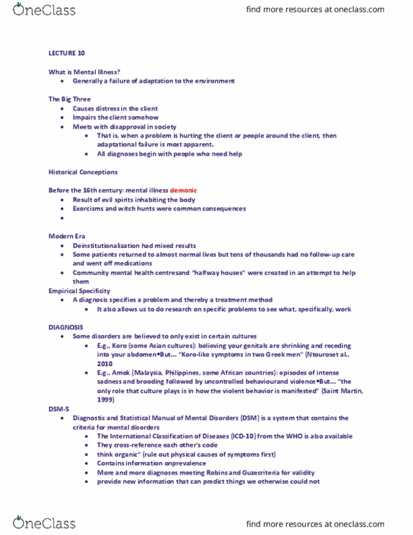 PSY 105 Lecture Notes - Lecture 10: Mental Disorder, Deinstitutionalisation, Dsm-5 thumbnail