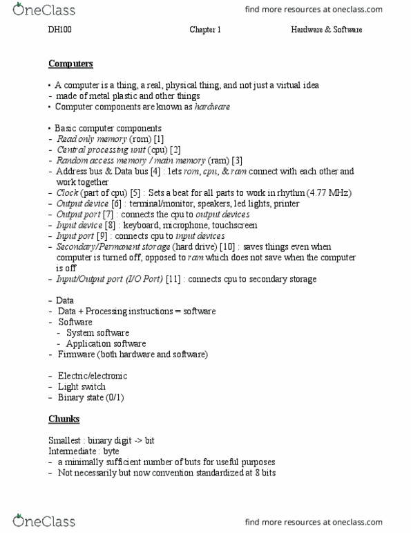 DH100 Lecture Notes - Lecture 1: Central Processing Unit, Address Bus, Output Device thumbnail