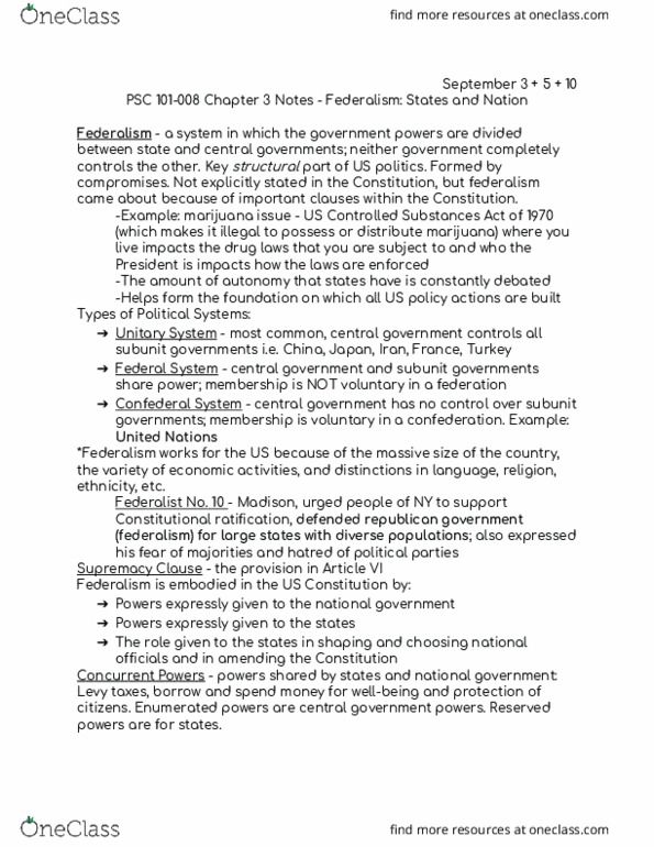 PSC 101 Lecture Notes - Lecture 3: Federalist No. 10, Controlled Substances Act, Supremacy Clause thumbnail