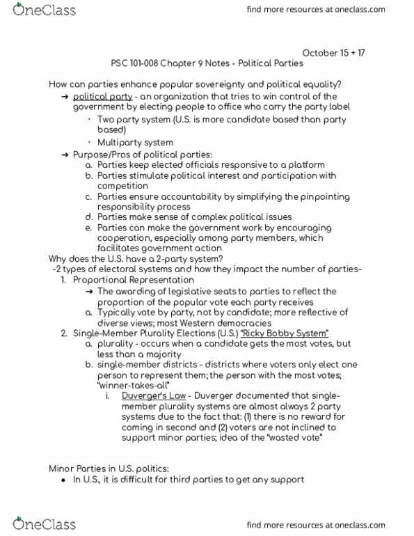 PSC 101 Lecture Notes - Lecture 9: Plurality Voting System, Wasted Vote, Party System thumbnail