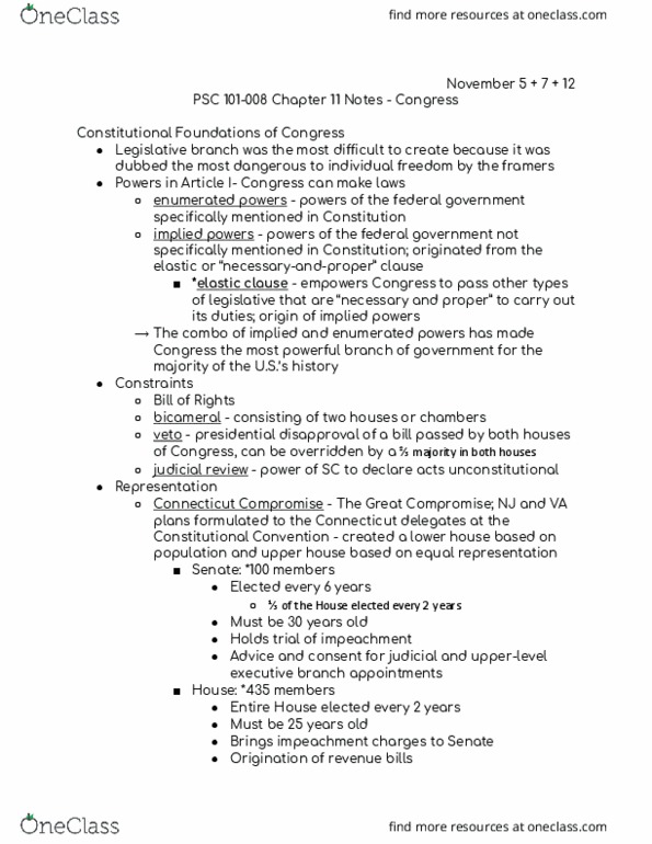 PSC 101 Lecture Notes - Lecture 11: Connecticut Compromise, Enumerated Powers, Implied Powers thumbnail