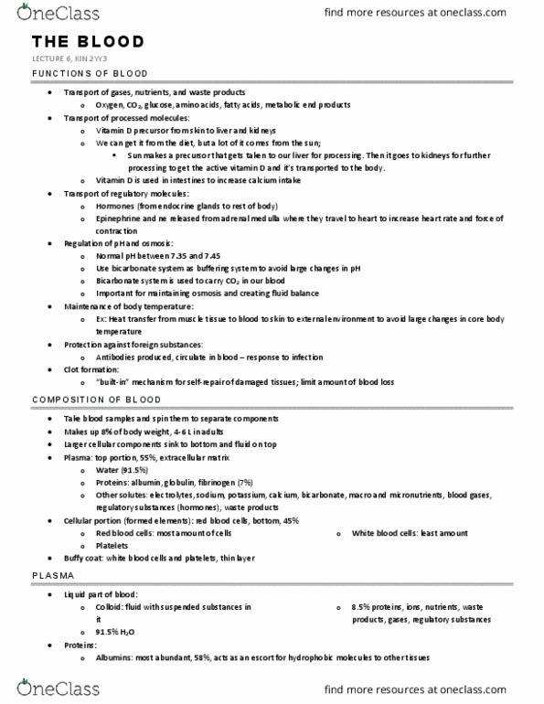 KINESIOL 2YY3 Lecture Notes - Lecture 4: Buffy Coat, Adrenal Medulla, Fluid Balance thumbnail