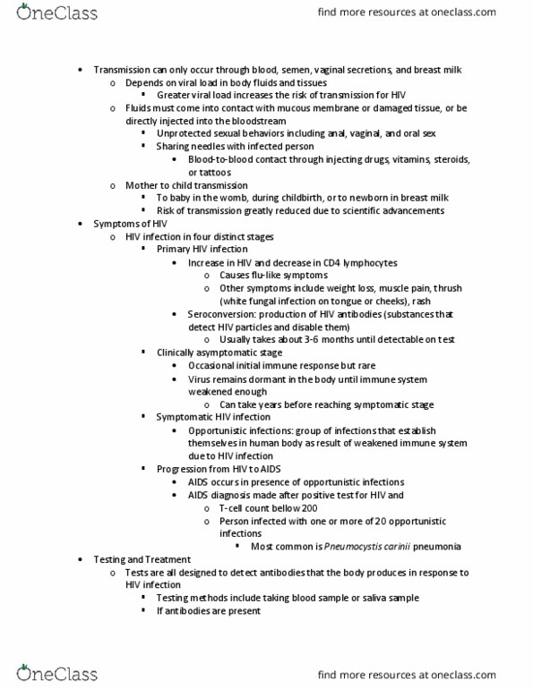 HDE 12 Lecture Notes - Lecture 12: Pneumocystis Pneumonia, Aids, Viral Load thumbnail