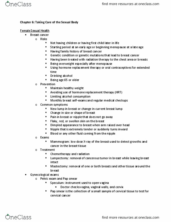 HDE 12 Chapter Notes - Chapter 6: Pap Test, Breast Lump, Cervical Cancer thumbnail