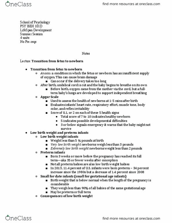 PSY BEH 101D Lecture Notes - Lecture 35: Low Birth Weight, Umbilical Cord, Apgar Score thumbnail