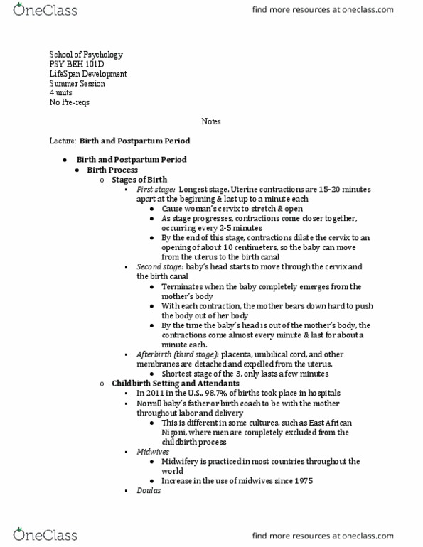 PSY BEH 101D Lecture Notes - Lecture 34: Umbilical Cord, Doula, Psy thumbnail