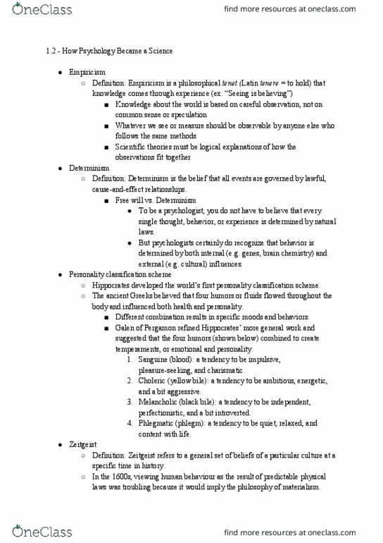 PSYA01H3 Chapter Notes - Chapter 1.2: Empiricism, Phlegm, Personality Psychology thumbnail