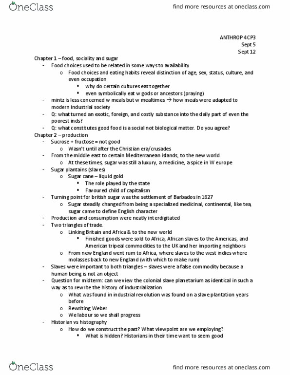 ANTHROP 4CP3 Lecture Notes - Lecture 17: Sugarcane, British Sugar, Western Europe thumbnail