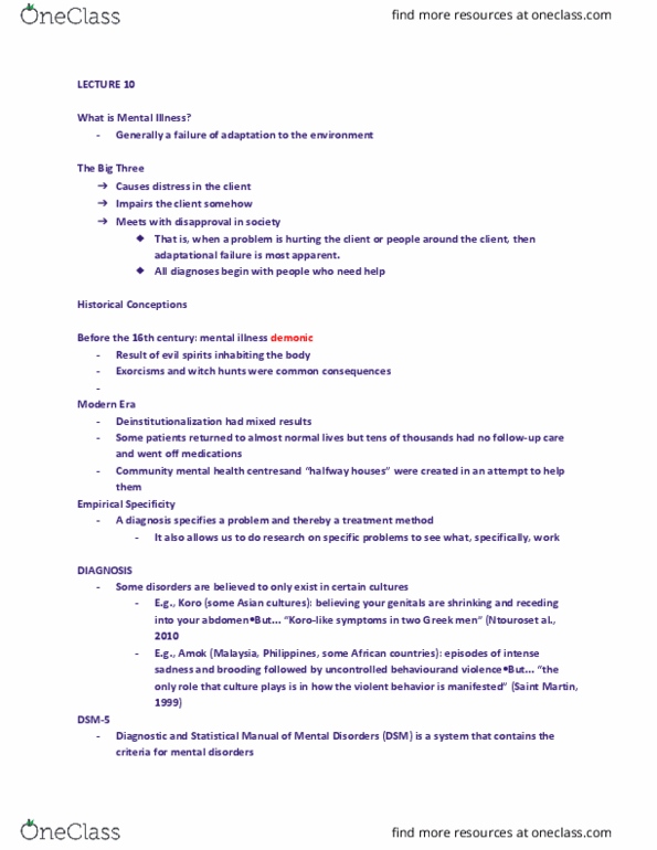 PSY 105 Lecture Notes - Lecture 10: Mental Disorder, Deinstitutionalisation, Dsm-5 thumbnail