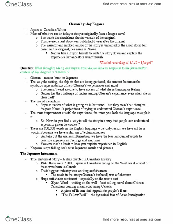 ENG215H5 Lecture Notes - Lecture 8: Joy Kogawa, Obasan, Japanese Canadians thumbnail