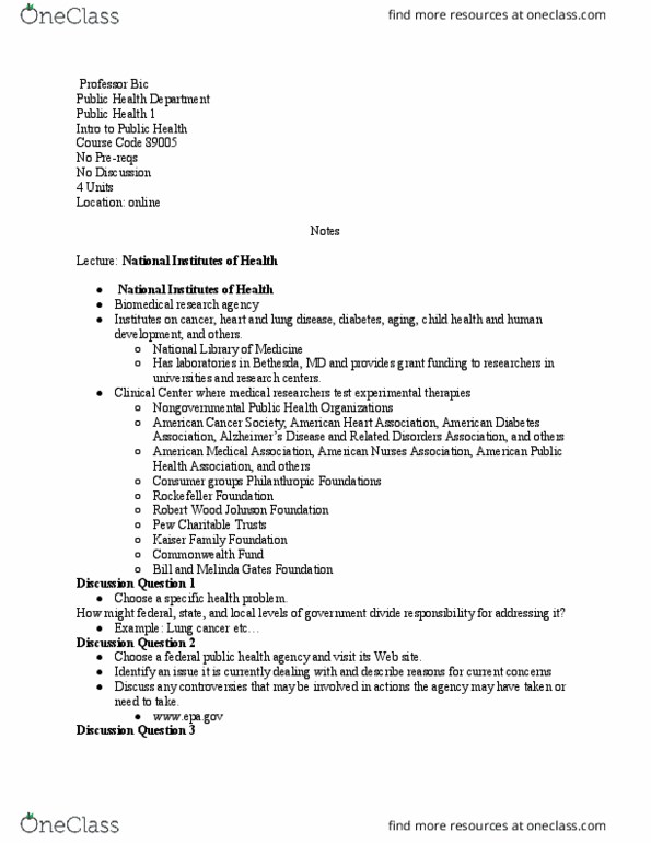 PUBHLTH 1 Lecture Notes - Lecture 39: Robert Wood Johnson Foundation, American Public Health Association, The Pew Charitable Trusts thumbnail