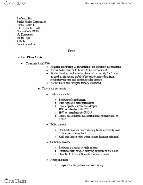 PUBHLTH 1 Lecture Notes - Lecture 33: Clean Air Act (United States), Sulfur Dioxide, Particulates thumbnail