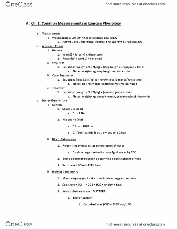 KNH 468 Lecture Notes - Exercise Physiology, Calorimetry, Food Energy thumbnail