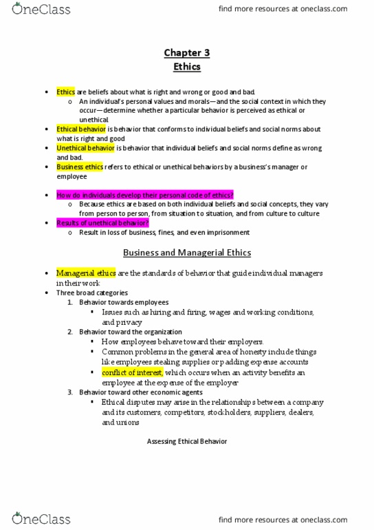 MGMT 1000 Lecture Notes - Lecture 2: Business Ethics thumbnail