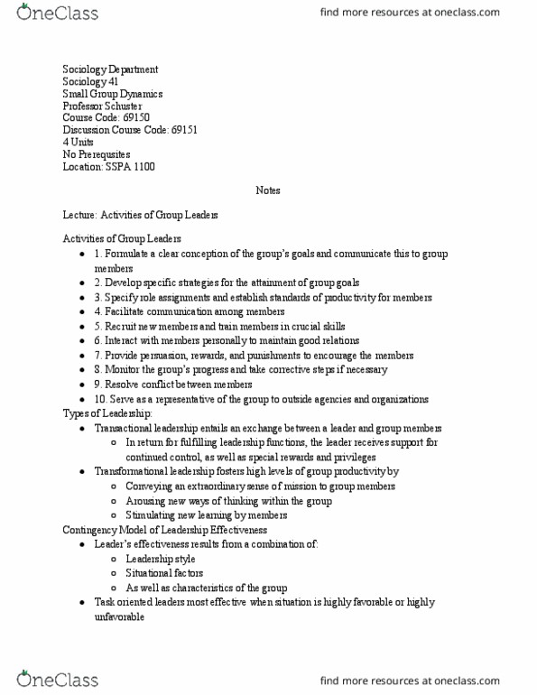 SOCIOL 41 Lecture Notes - Lecture 16: Arthur Schuster, Transactional Leadership, Transformational Leadership thumbnail