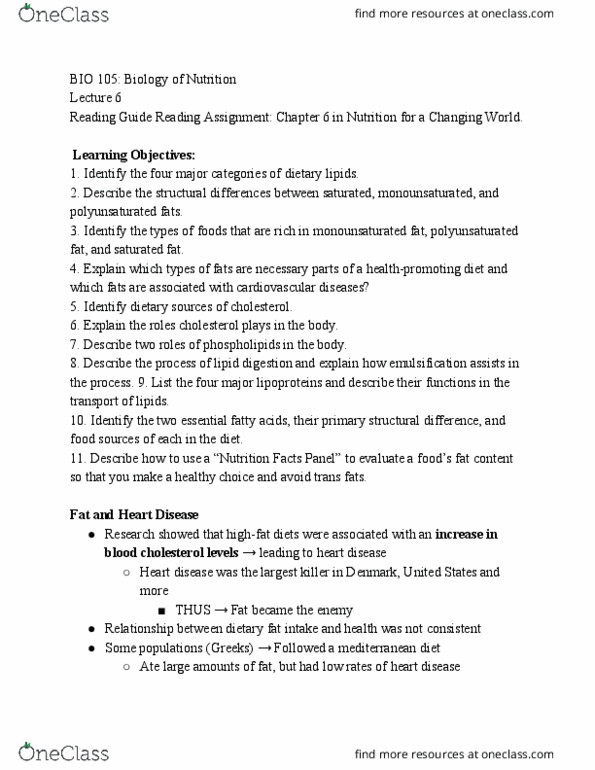 BIOLOGY 105 Lecture Notes - Lecture 6: Monounsaturated Fat, Trans Fat, Saturated Fat thumbnail