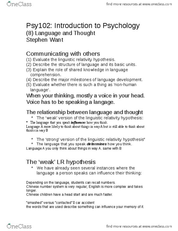 PSY 102 Chapter Notes -Hopi Language, Estuary English, Dani People thumbnail
