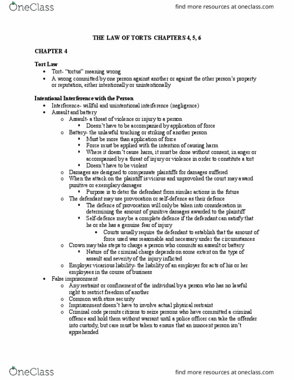 Management and Organizational Studies 2275A/B Chapter Notes - Chapter 4,5,6: Punitive Damages, Tortious Interference, False Imprisonment thumbnail