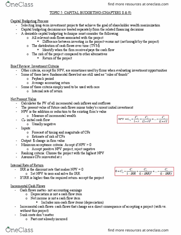 Management and Organizational Studies 3311A/B Lecture Notes - Lecture 6: Cash Flow, Capital Budgeting, Net Present Value thumbnail