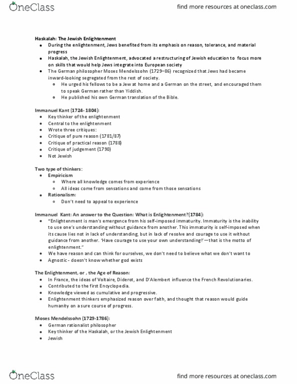 HUMA 1860 Lecture Notes - Lecture 5: Moses Mendelssohn, Immanuel Kant, Haskalah thumbnail