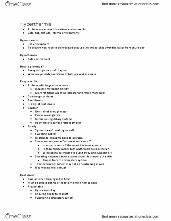 KINE 2490 Lecture Notes - Lecture 12: Heat Illness, Hyperthermia, Hypothermia thumbnail