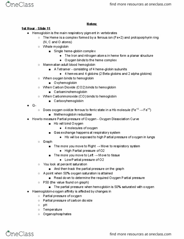 BIO310H5 Lecture Notes - Lecture 22: Methemoglobin, Respiratory Pigment, Carboxyhemoglobin thumbnail