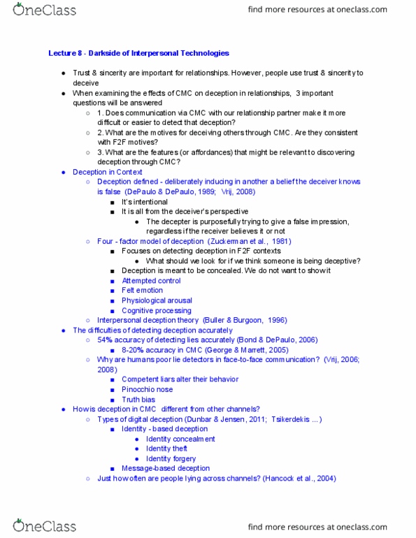 CMN 172 Lecture Notes - Lecture 8: Interpersonal Deception Theory, Identity Theft, Social Distance thumbnail