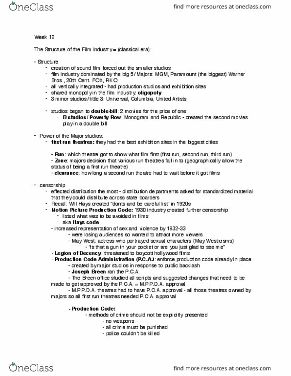 THTRFLM 3FF3 Lecture Notes - Lecture 10: Joseph Breen, Motion Picture Production Code, Poverty Row thumbnail