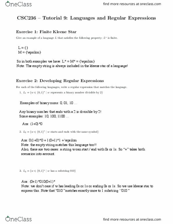 CSC236H5 Lecture Notes - Lecture 9: Kleene Star, Regular Expression, Substring thumbnail