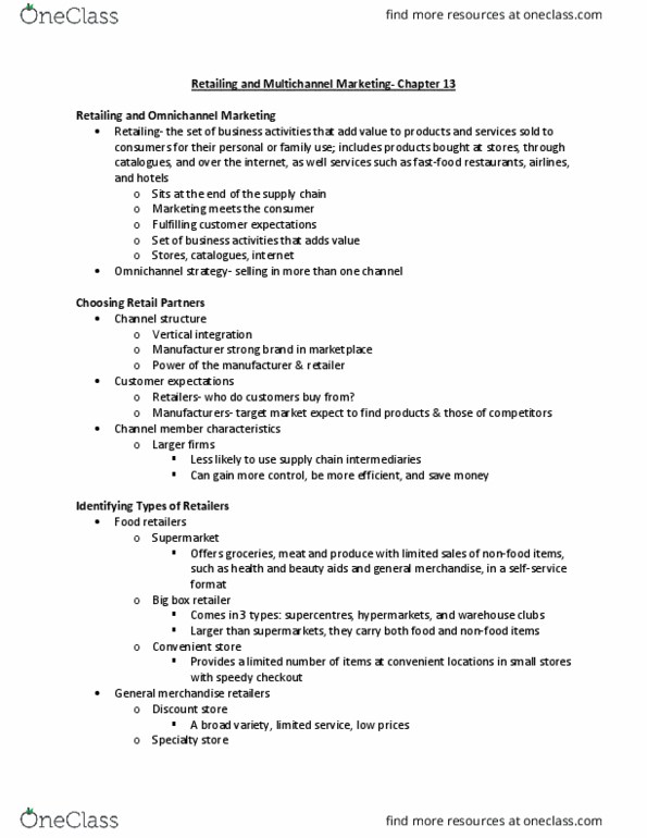 Management and Organizational Studies 2320A/B Chapter Notes - Chapter 13: Multichannel Marketing, Walmart, Discount Store thumbnail