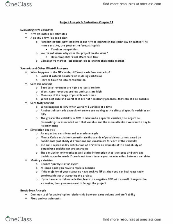Management and Organizational Studies 2310A/B Chapter Notes - Chapter 11: Monte Carlo Method, Scenario Analysis, Net Present Value thumbnail
