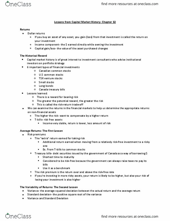 Management and Organizational Studies 2310A/B Chapter Notes - Chapter 12: United States Treasury Security, Risk Premium, Capital Market thumbnail