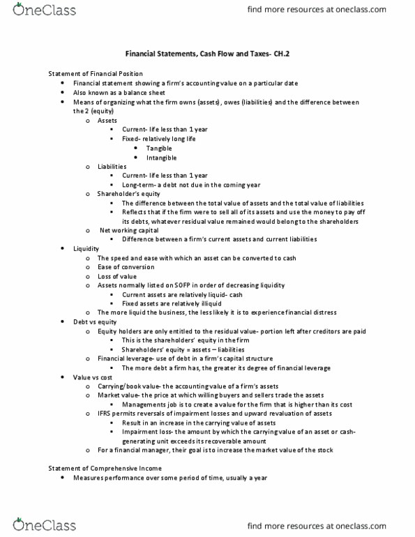 Management and Organizational Studies 2310A/B Chapter Notes - Chapter 2: Financial Statement, Impaired Asset, Current Liability thumbnail